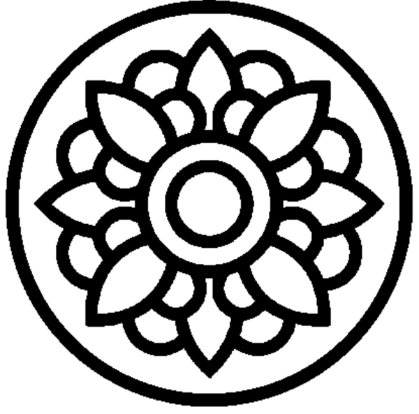Black line drawing of a yorkshire rose inside a black circle
