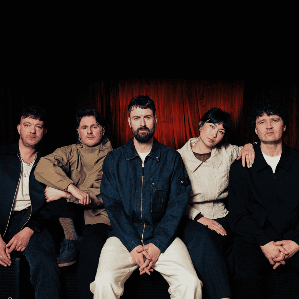 Courteeners band portrait with group studio imagery against red backdrop, promotional artwork for live concert at first direct bank arena.