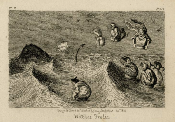 Illustration of witches flying on broomsticks above a choppy sea