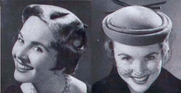 black and white photograph of two smiling models wearing hats
