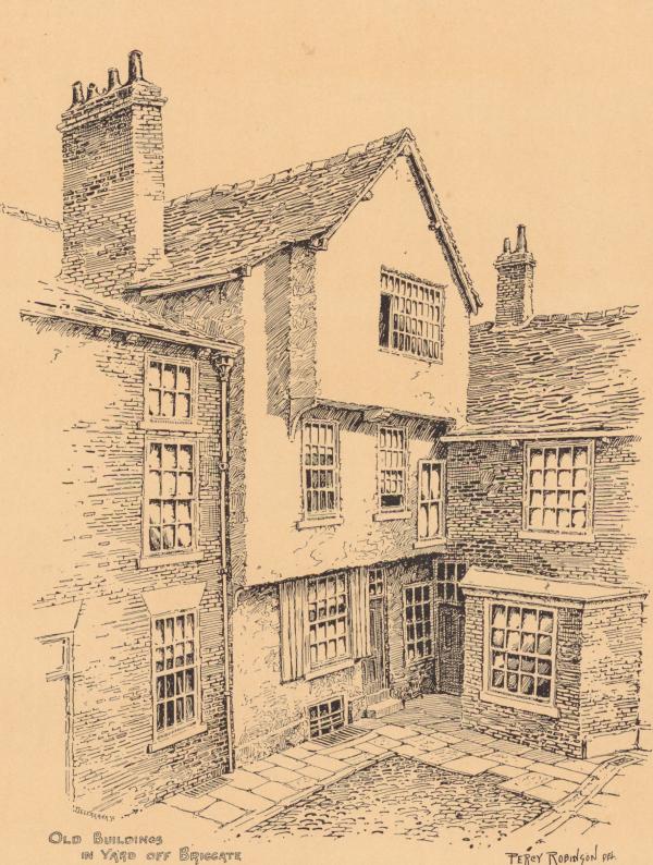 A line drawing of an old brick building with multiple storeys, steep tiled roofs, tall chimneys, and many small-paned windows, shown enclosing a paved courtyard.
