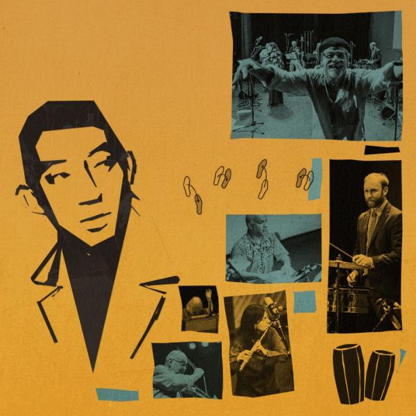 Yellow and blue toned collage of musicians playing instruments along with icons of footsteps, drums and the portrait of a face. 