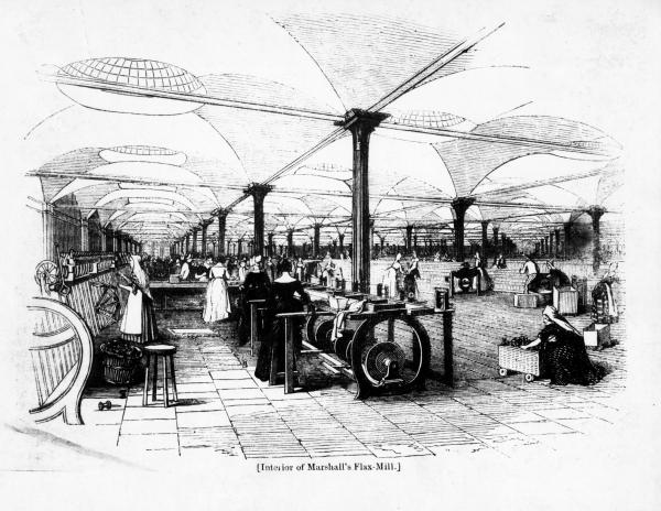 Engraving of the interior of Marshall's Flax Mill, showing workers and textile machinery in a large factory hall with iron columns and roof lights.