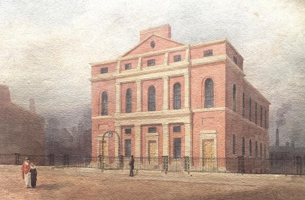 Historic architectural illustration of a three-storey red brick mill or warehouse building with tall arched windows, viewed from the street behind an iron fence.