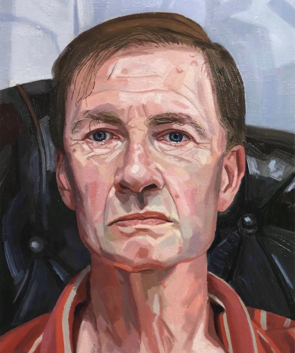 A close crop portrait of a man, painted in oil paint