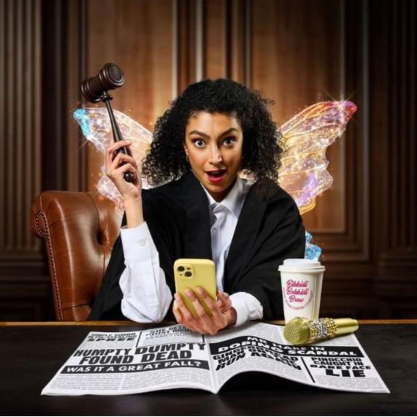 A woman in a judge's outfit and sparkling fairy wings, holding a gavel in one hand and a smartphone in the other. In a courtroom, she is sat at a desk with a newspaper, coffee cup and golden microphone.