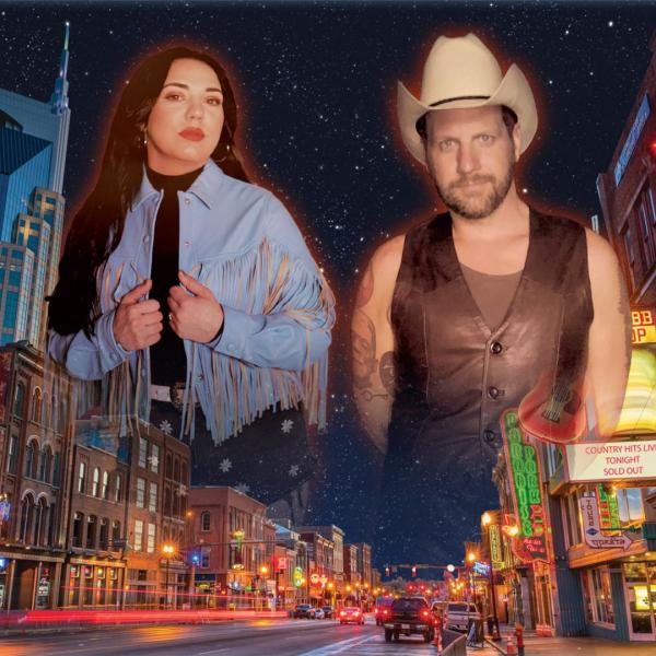 Stylised image of a neon-lit street below a starry night sky, depicting music stores, dive bars and music venues. On either side there are floating portraits of two musicians one in a denim jacket, the other in a leather vest and cowboy hat.