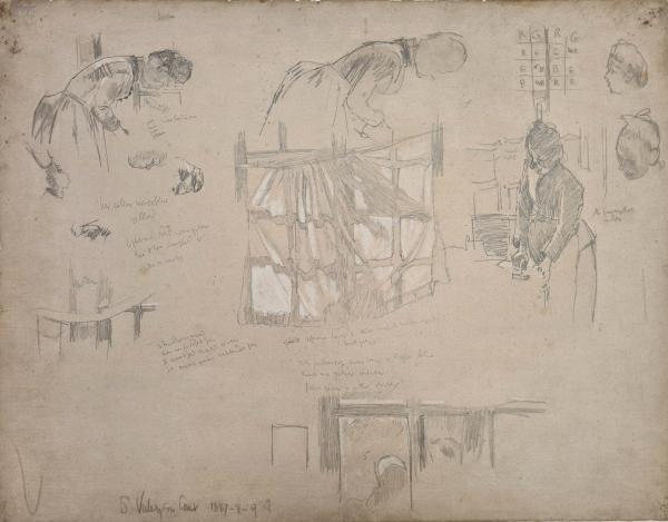 Pencil sketch on paper of various female figures, with written notes