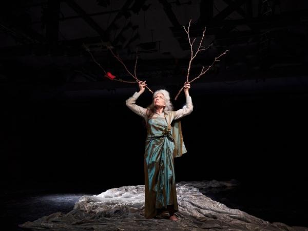 A woman stands in a river of silk with two sticks to her head like antlers