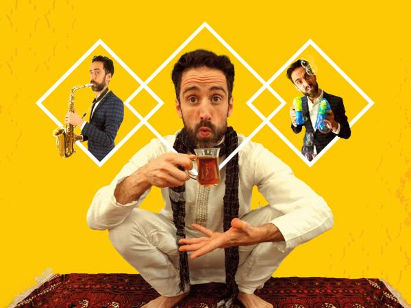 Bobak Champion plating Saxophone, drinking tea and with bubble machines