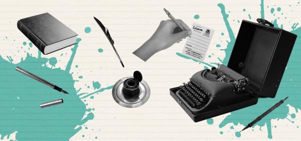 A montage of writing instruments including ballpoint pens, fountain pens, quills, inkpots and a type writer, from the Collections of Leeds Museums and Galleries, on a lined paper backdrop with turquoise ink splodge shapes.