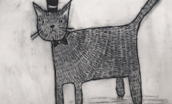 A drypoint etched print of a cat in a hat
