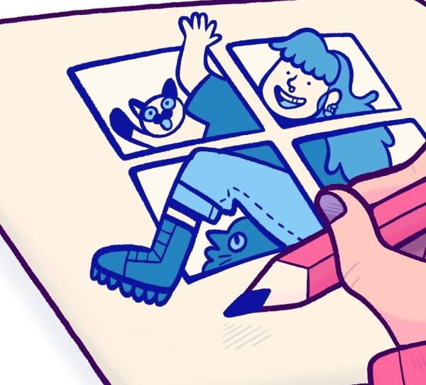 A digital illustration of a girl with a cat waving and smiling whilst climbing out of a window. In the foreground is a hand with a pink pencil that is illustrating the girl.