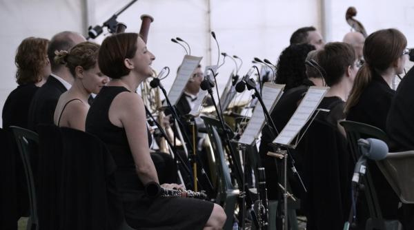 An orchestra sat reading sheet music.