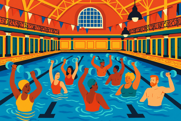Colourful image of people lifting weights in the pool
