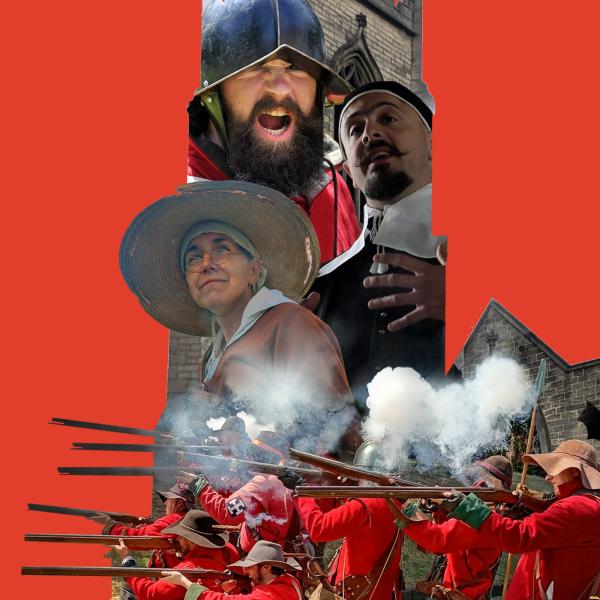 Image is on a red background, it depicts 2 characters and a group of soldiers, reenacting the Civil War. 