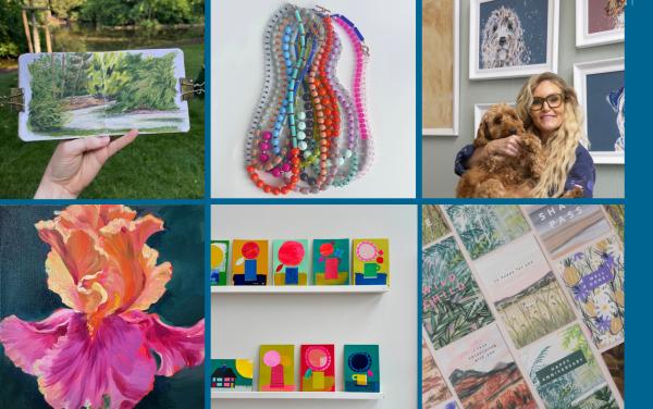 Paintings , brightly coloured jewellery, stationery and pictures of collages