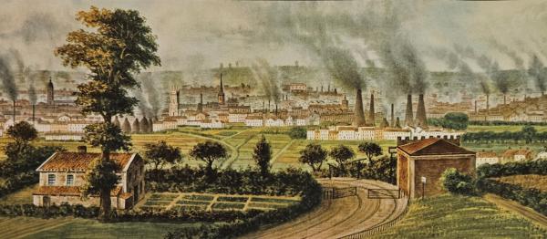 Historic drawing of the Leeds skyline in the 1840s, viewed from Rope‑Hill in what is now Middleton Park. The scene shows prominent landmarks including St Paul’s Church, Trinity Church, Woodhouse Methodist, Bower’s glassworks, and the Middleton Colliery railway. Numerous factory chimneys across the town release smoke into the sky