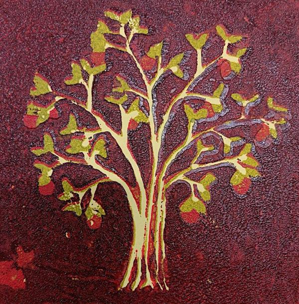 A minimalist relief print of an apple tree, with a burgundy textured background.
