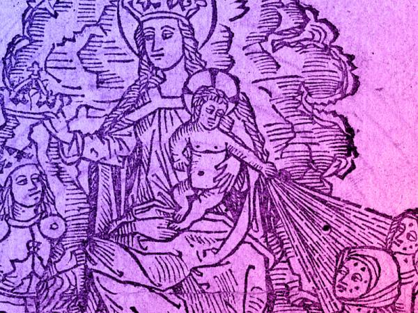 Illustration of a religious scene, with purple gradient over the top