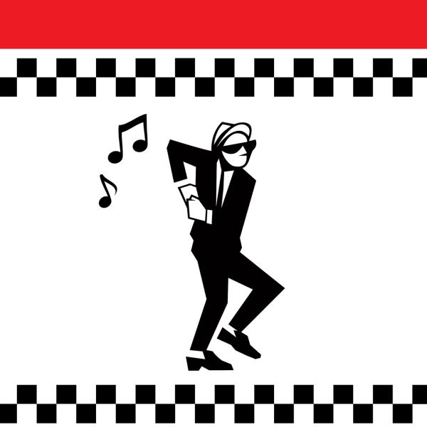 Two-tone logo of a dancing cartoon figure in a black and white suit and sunglasses, beside music notes and a black and white chequered pattern.