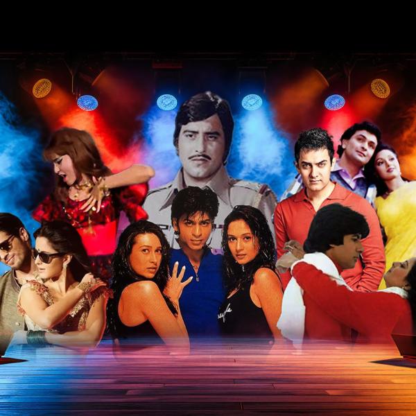 Promotional image for Bollywood Time Machine including images of actors in iconic Bollywood films against a backdrop of smoke and spotlights