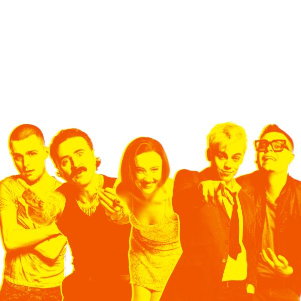 The cast of Trainspotting are lined up and gesturing, under a yellow and orange filter.