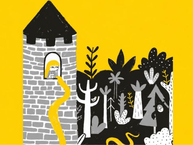 Illustration of Rapunzel in her tower with her hair flowing down 