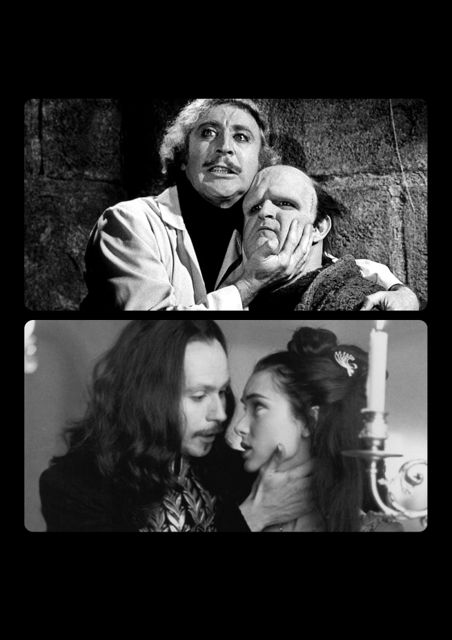 Double picture. Top doctor Frankenstein and monster. Bottom Nina and count Dracula.