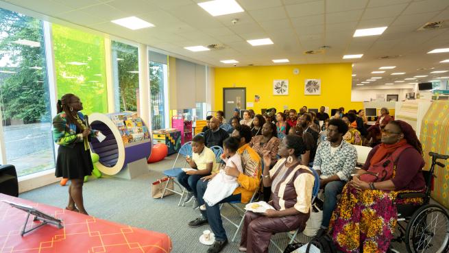 Group of people at a book event.