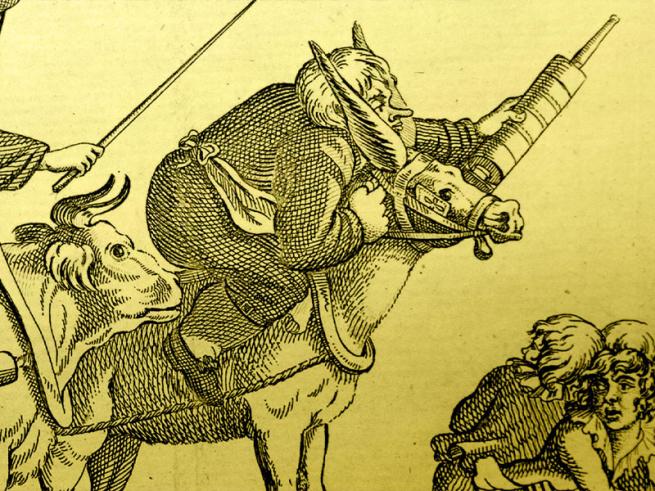 Illustration of a person riding a donkey and holding a syringe, with people running away in front