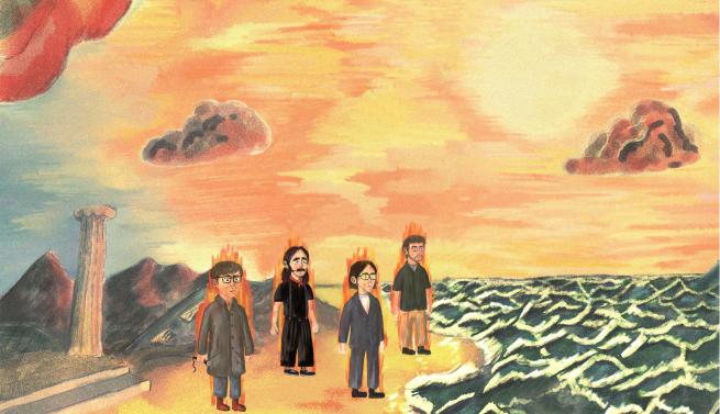 Illustration of the four band members of Yard Act on a beach looking towards the sea.