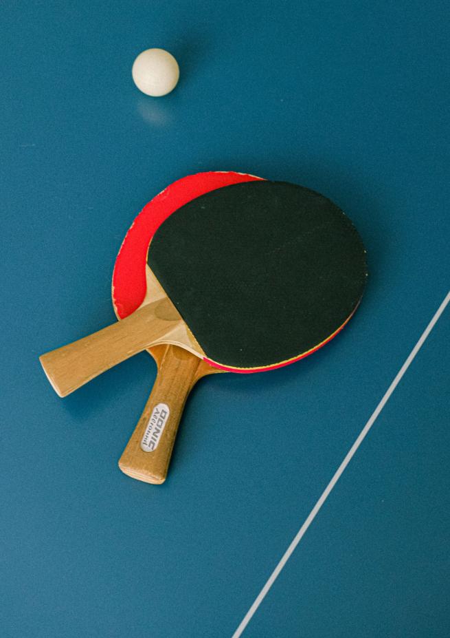 Two table tennis paddles and a ball