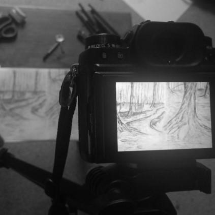 a camera display shows an black and white drawing of a forest