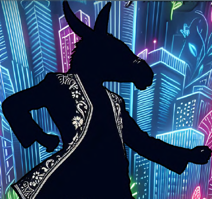 Bottom, the mechanical who has his head transformed into that of a donkey, stands in front of a neon city scape