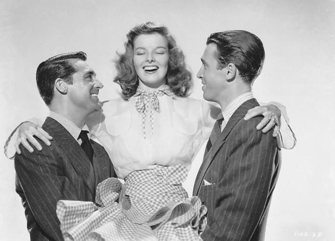 A promotional photograph for The Philadelphia Story featuring Cary Grant, Katharine Hepburn and James Stewart.