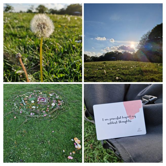 Photo of a dandelion, Roundhay Park field in thew sunshine a mandala of flowers and a positive affirmation card saying; I am powerful beyond my wildest thoughts. 