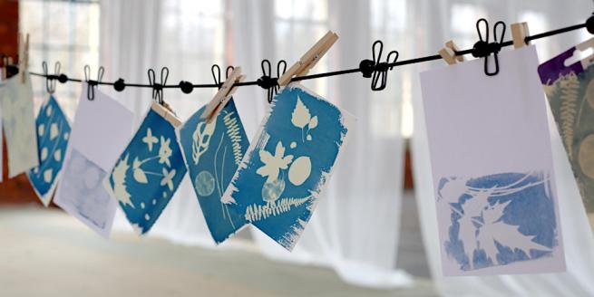 Image shows cyanotype prints pegged to a washing line.