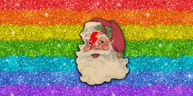A rainbow glitter background with an image of Santa and David Bowie’s red lighting on their face. 