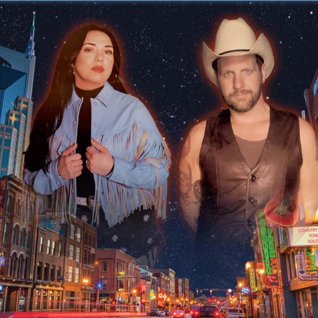 Images of a woman with long dark hair in a fringed blue jacket and man in a cowboy hat and leather waistcoat faded on the an image of the Nashville strip at night time.