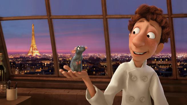 A animated man in a chef's outfit, holding a rat on the palm of his hand, with Eiffel Tower in the background. 