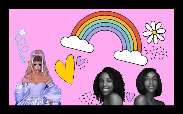 A collage of three women and a rainbow.