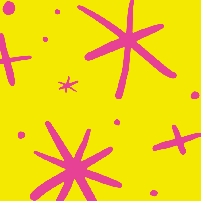 Bright yellow background with decorative stars and dots in bright pink.