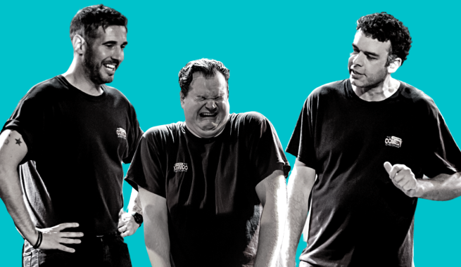 Three men laughing with an edited blue background