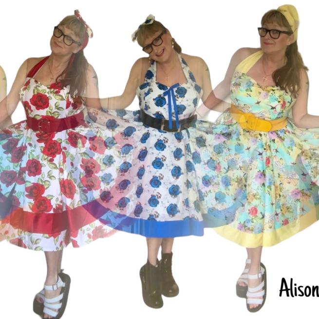 A montage of three different 50's inspired dresses