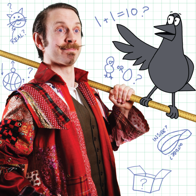 Mr. West, a man with a moustache and red coat holds a stick with a cartoon crow perched on top. Background is made up of doodles about science.