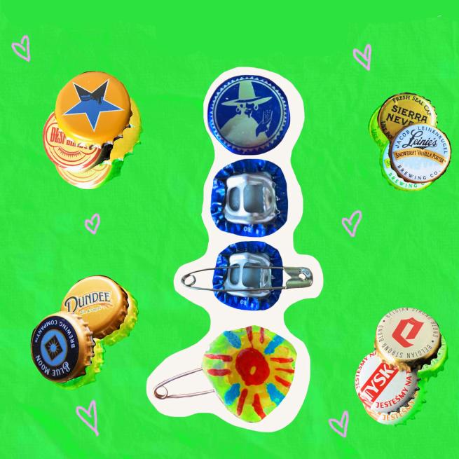 A green background with photos of bottle tops and pins