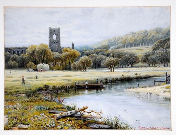 A view of Kirkstall Abbey's bell tower with a river in the foreground and cluster of trees in the background.