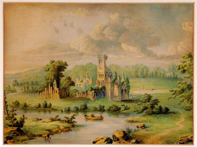 a painting of the medieval ruins of Kirkstall Abbey amidst greenery.