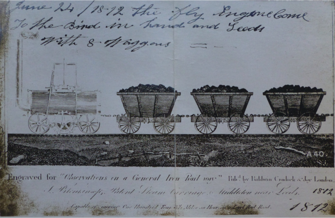 Drawing of first locomotive pulling coal wagons from Middleton Colliery to Leeds Bridge.